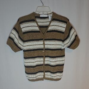 Victoria Jones Woman Tan and White V-neck Striped Cardigan